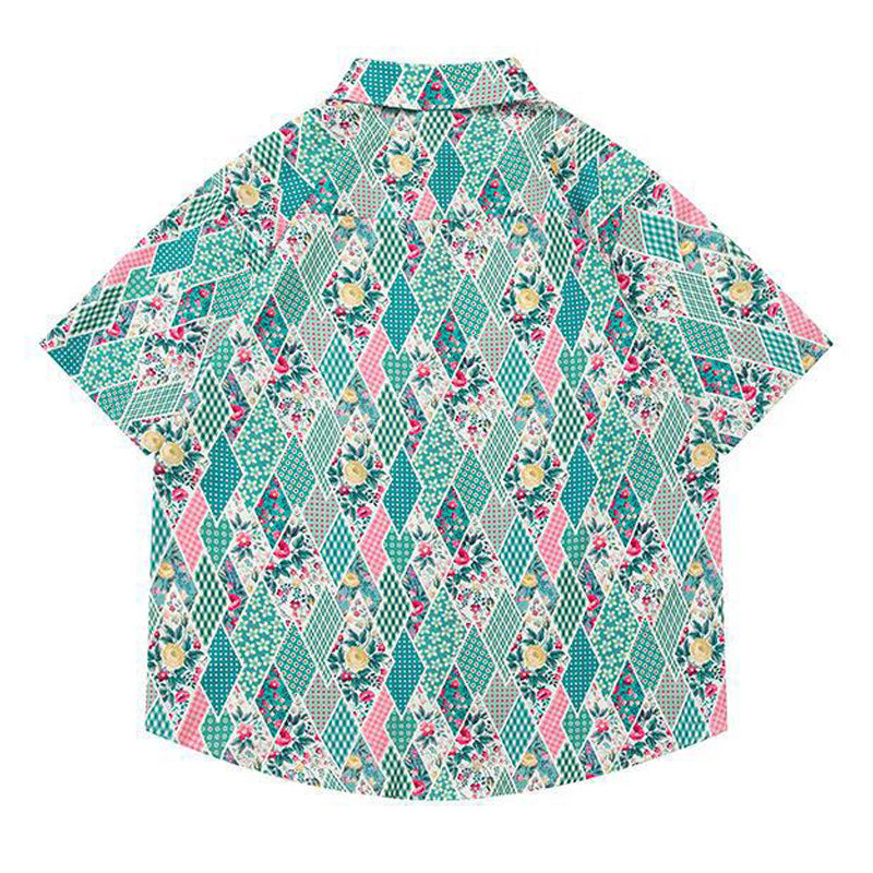 Retro floral diamond-print short-sleeved shirt