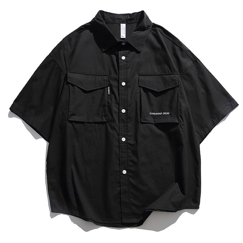 Retro functional large pocket plain work short sleeve shirt