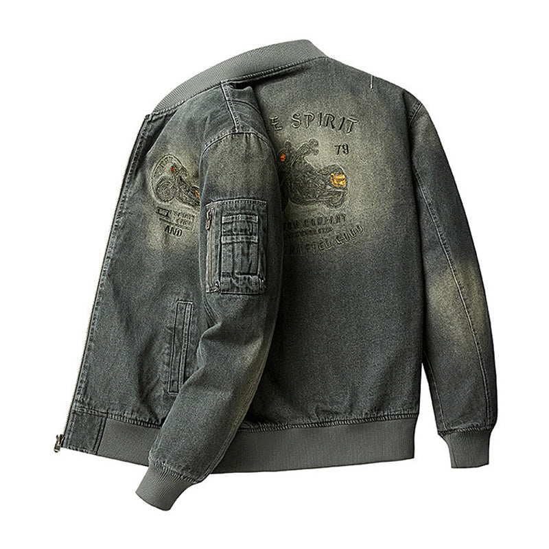 Distressed denim flight jacket with a maple leaf pattern on the back and motorcycle embroidery