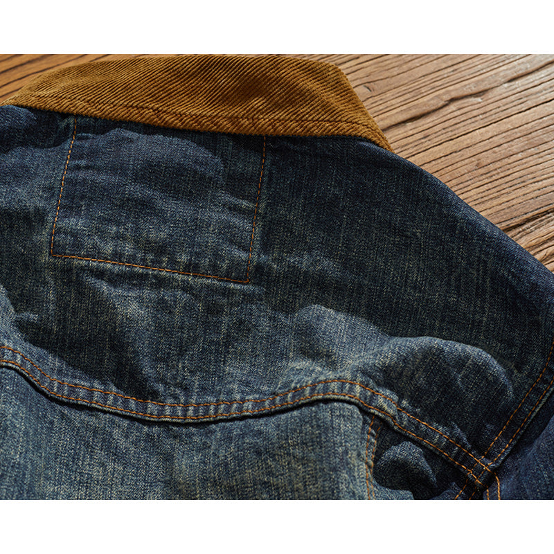 Corduroy-trimmed washed denim jacket