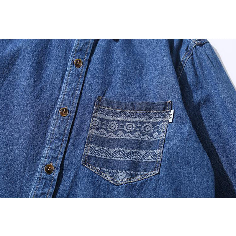 Ethnic pocket denim long sleeve shirt