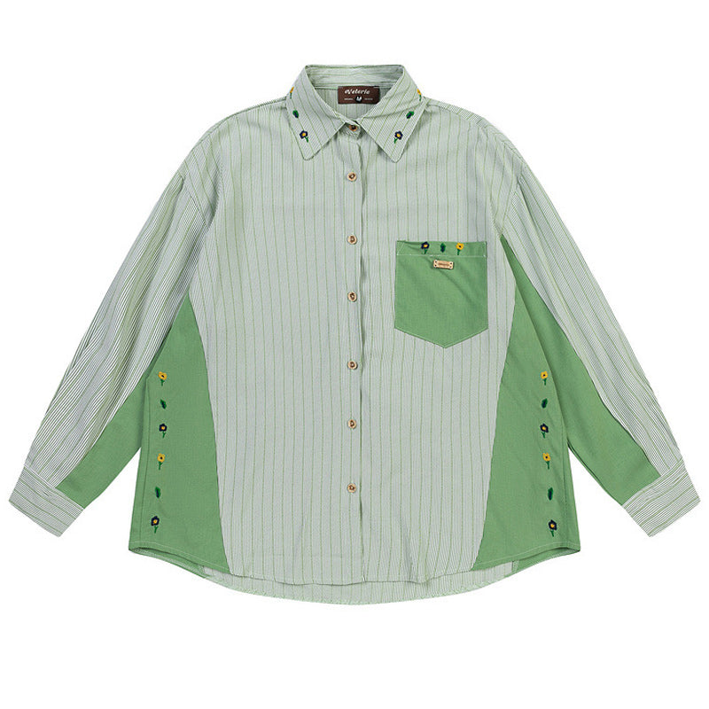Striped color-block long-sleeved shirt