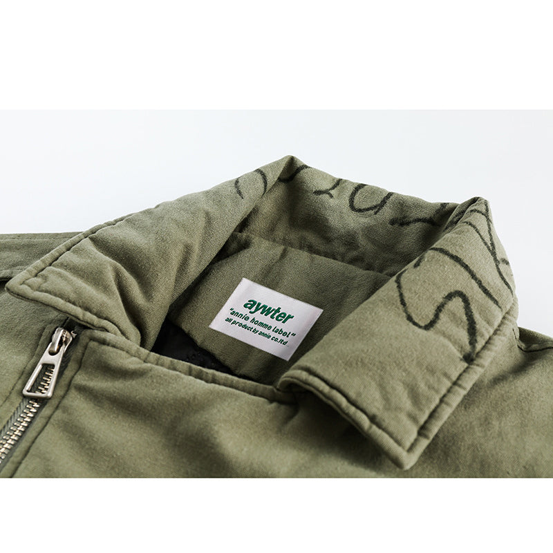Washed padded shirt collar alphabet cargo down jacket