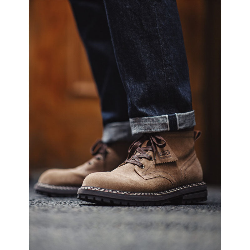 Gold plan cowhide x suede retro mid work boots