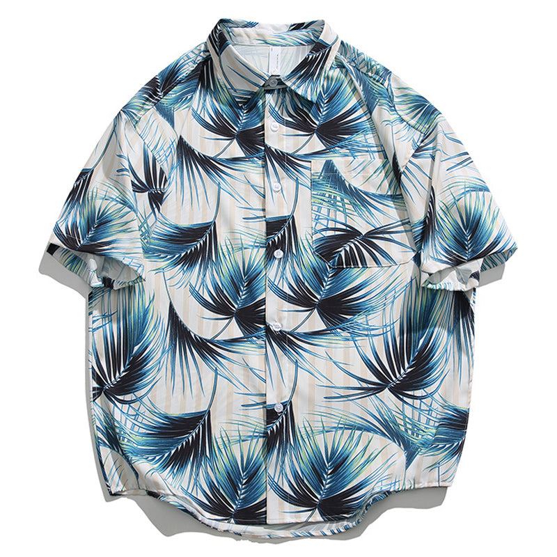 Striped Leaf Print Short Sleeve Aloha Shirt