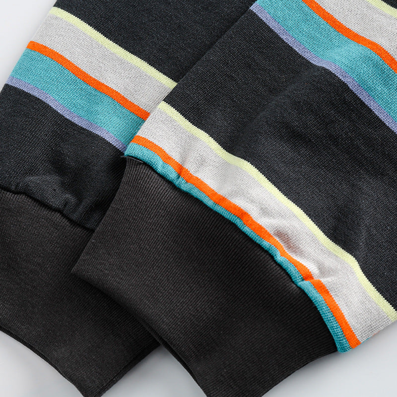 Color-coordinated striped embroidered long-sleeved hoodie