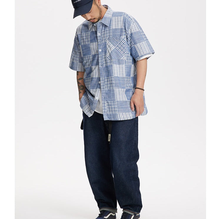 Check and stripe short-sleeved shirt