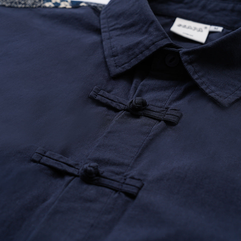 Vintage-style all-over pattern Chinese button-down shirt
