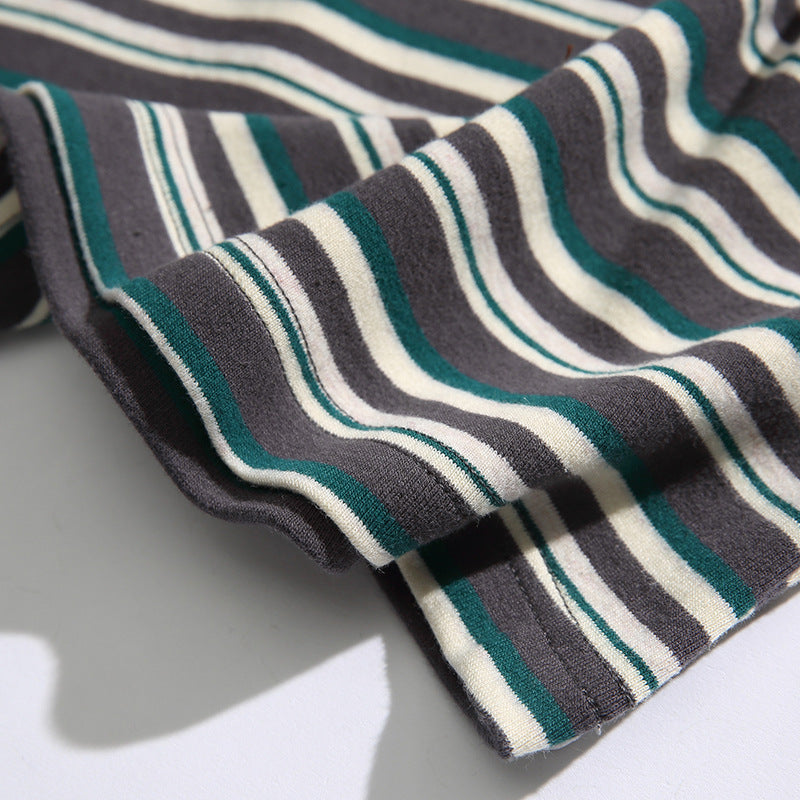 Retro Embroidered Horizontal Stripe Pocket T-Shirt