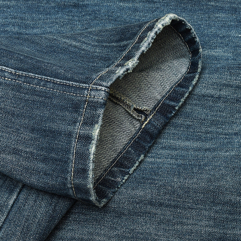 Retro distressed elastic waist denim pants