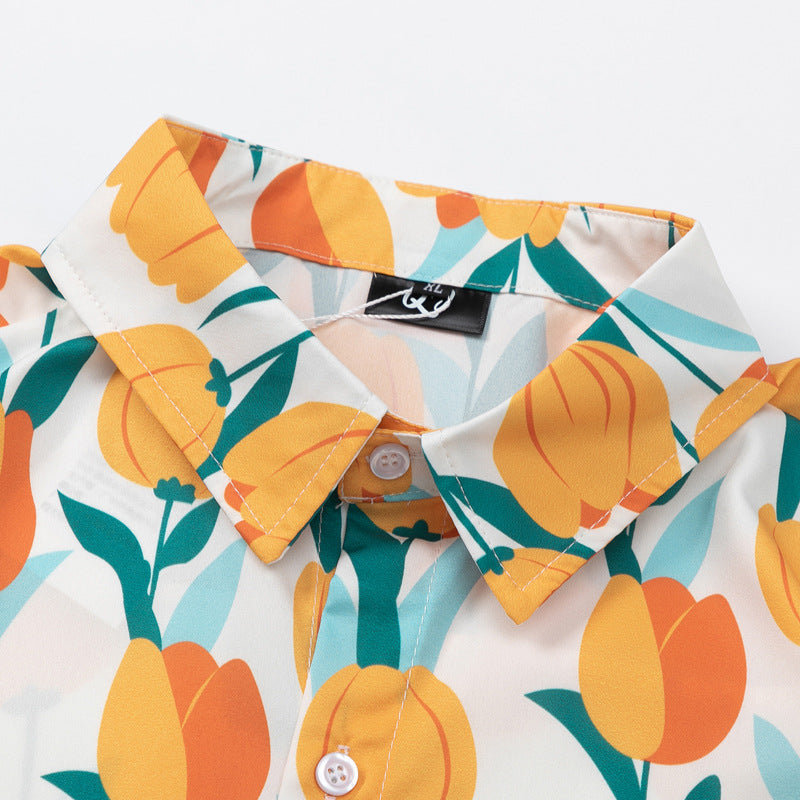 Holiday style tulip print short sleeve shirt