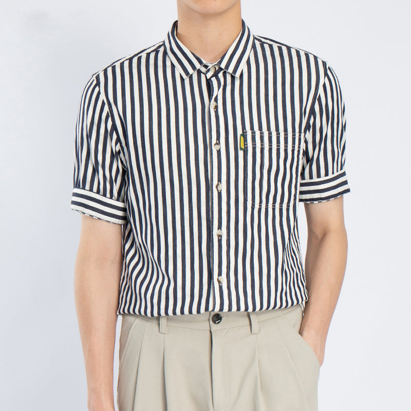 Three-color classic striped work short-sleeved shirt