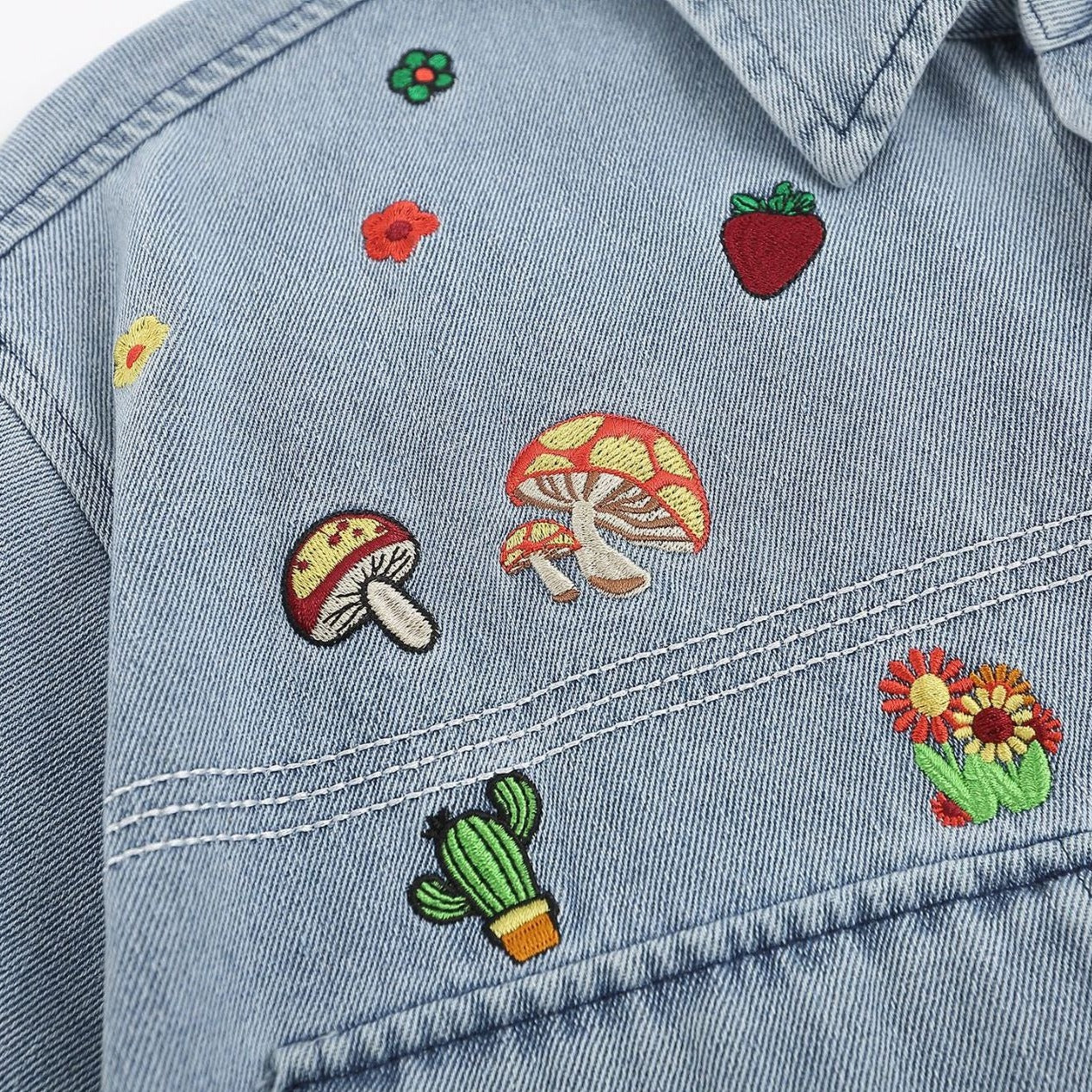 Distressed wash embroidered retro denim short sleeve shirt