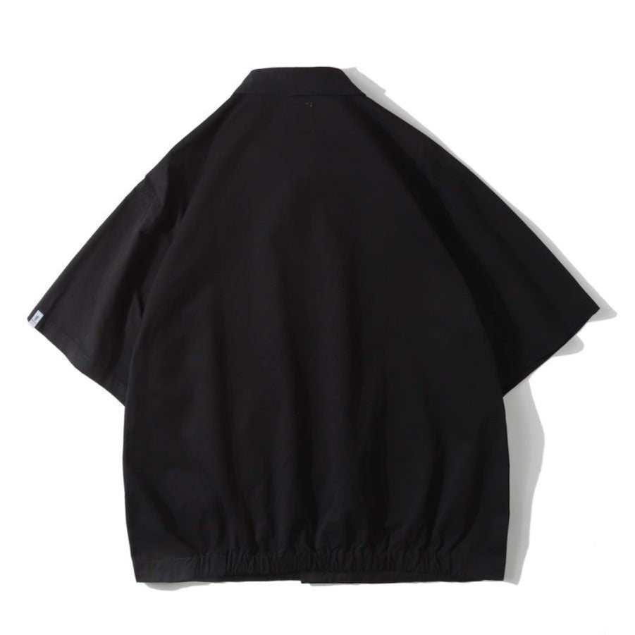 Retro plain large pocket work short sleeve shirt