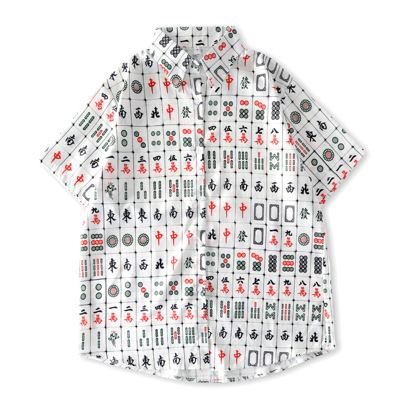 Mahjong print all-over breathable lightweight open-collar shirt