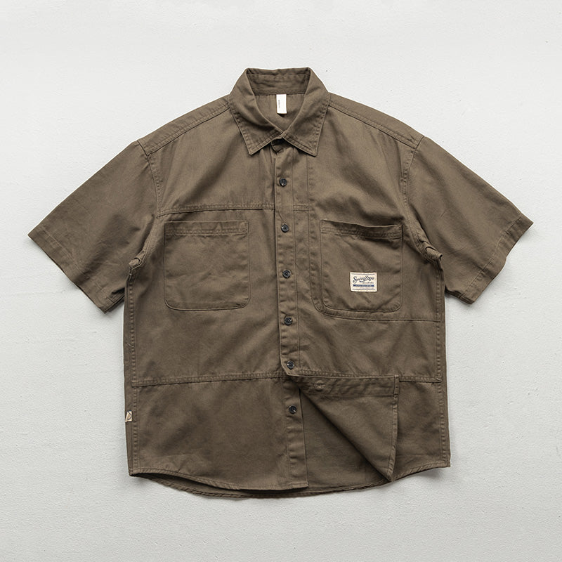 Multi-pocket classic plain work short-sleeved shirt