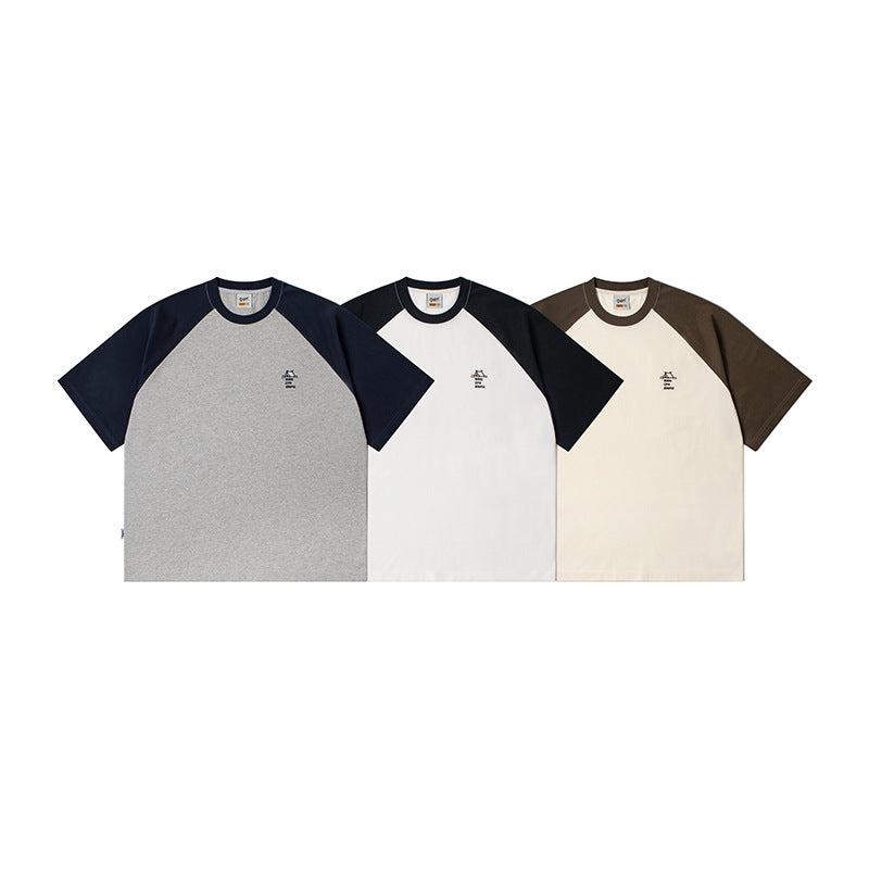 Color-coordinated embroidered raglan sleeve short-sleeved T-shirt