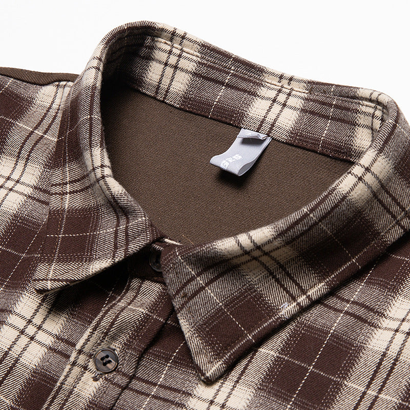 Check and plain long-sleeved shirt
