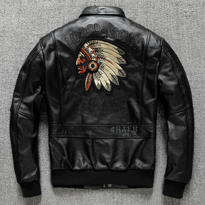 Leather flight jacket with Indian embroidery badge