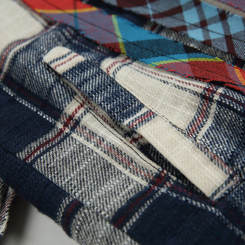 Reconstructed two-piece vintage check pattern combination shirt