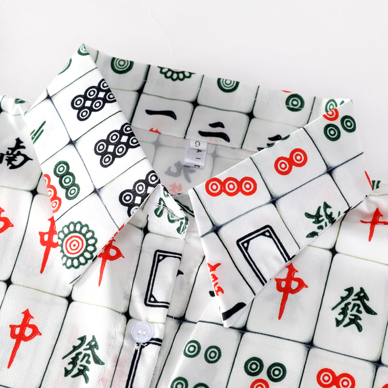 Mahjong print all-over breathable lightweight open-collar shirt