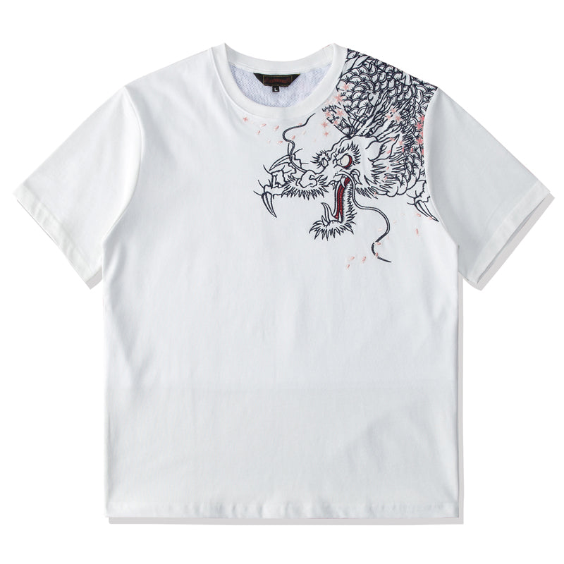 Yokosuka Dragon and Cherry Blossom Embroidered Short Sleeve T-Shirt