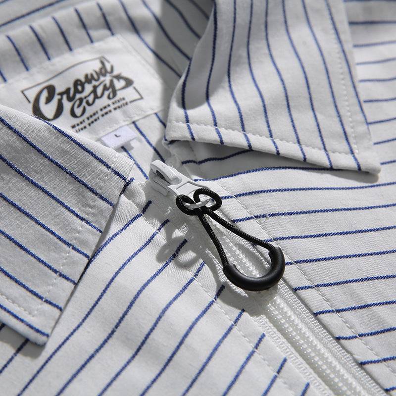 3D pocket 2-way striped pattern zip shirt