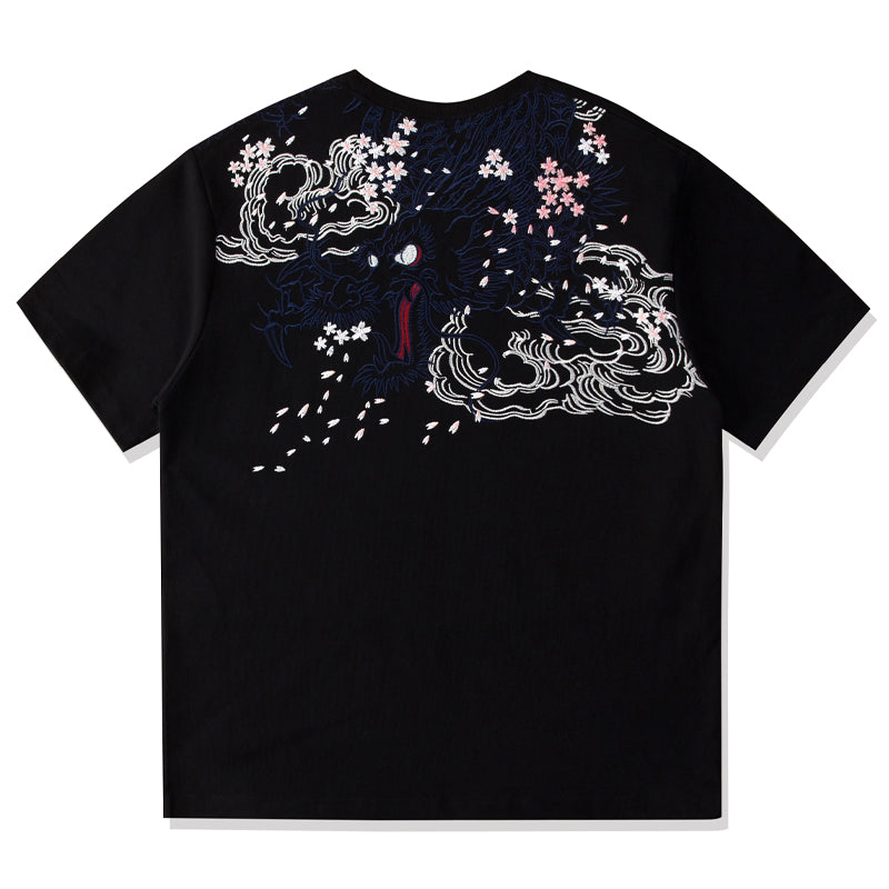 Yokosuka Dragon and Cherry Blossom Embroidered Short Sleeve T-Shirt