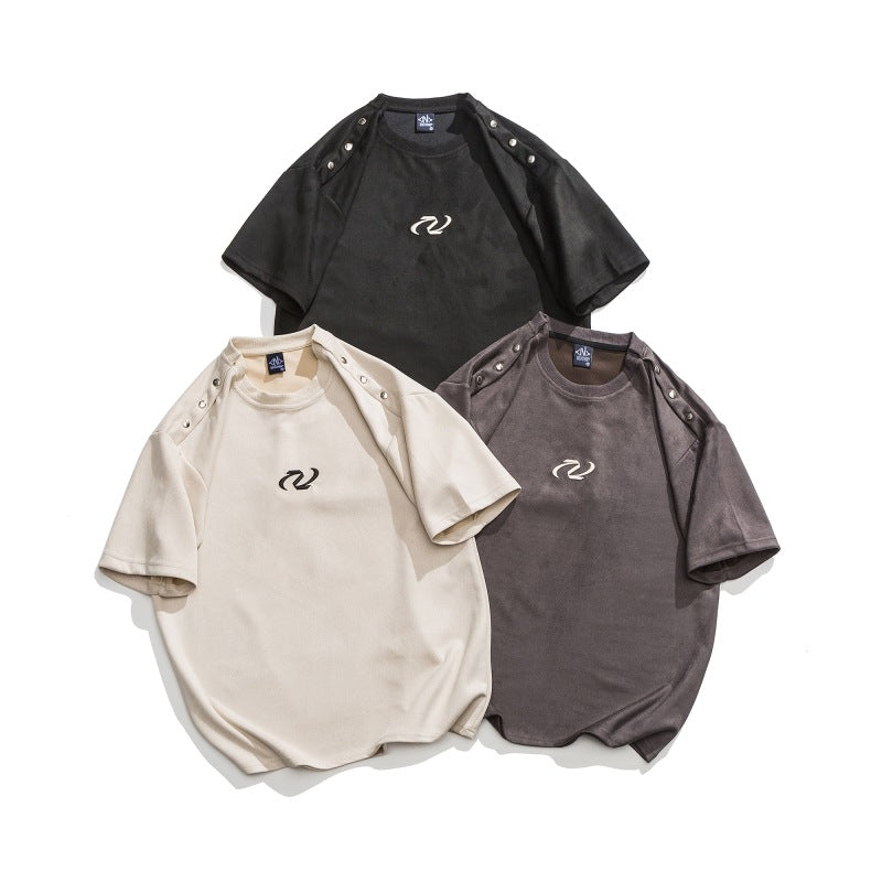 Embroidered rivet suede American casual T-shirt