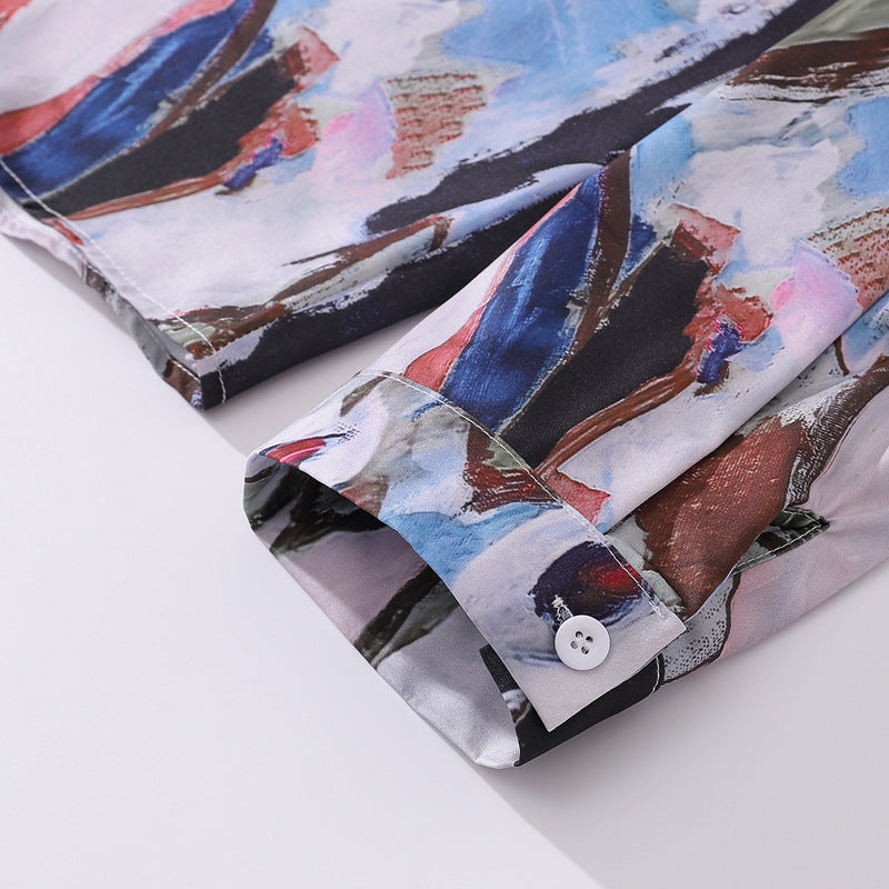 A long-sleeved shirt with an oil painting pattern perfect for autumn
