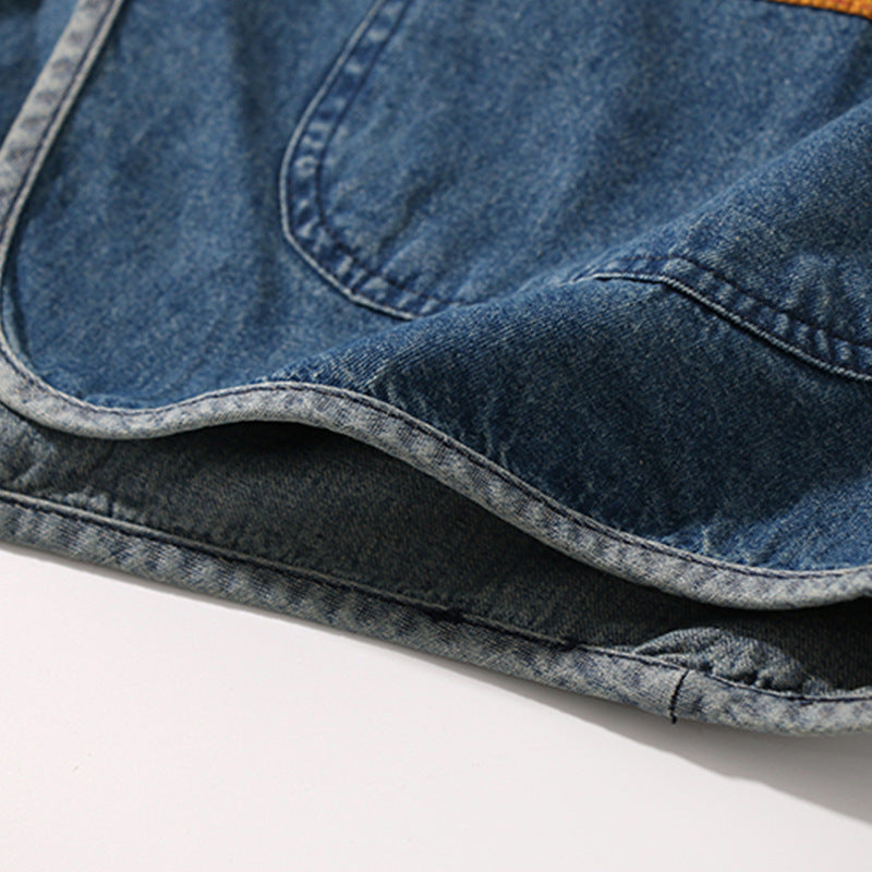 Color-coordinated button collarless denim jacket