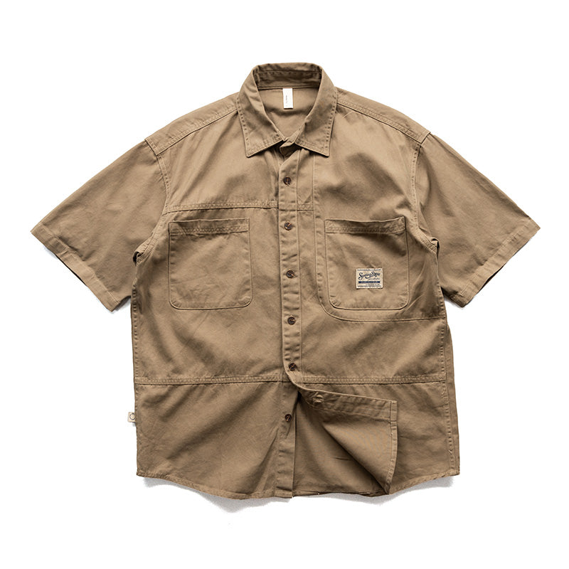 Multi-pocket classic plain work short-sleeved shirt