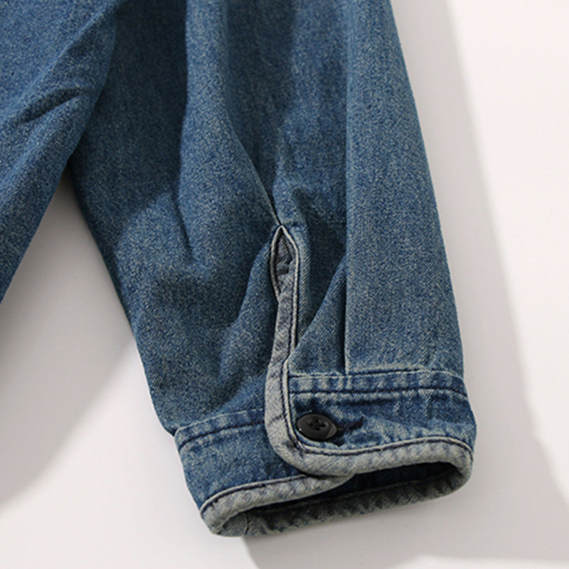 Color-coordinated button collarless denim jacket