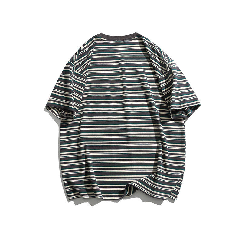 Retro Embroidered Horizontal Stripe Pocket T-Shirt