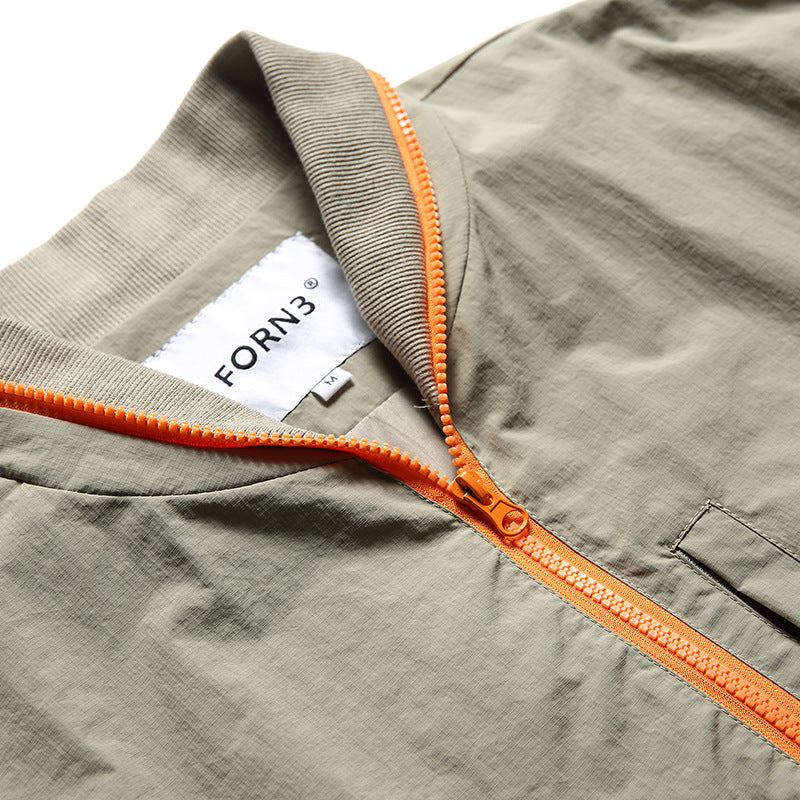 Color-coordinated zip-up checkered fabric flight jacket
