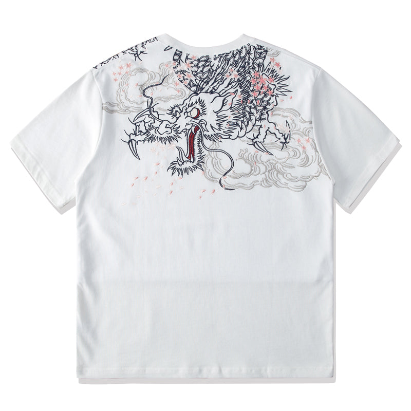 Yokosuka Dragon and Cherry Blossom Embroidered Short Sleeve T-Shirt