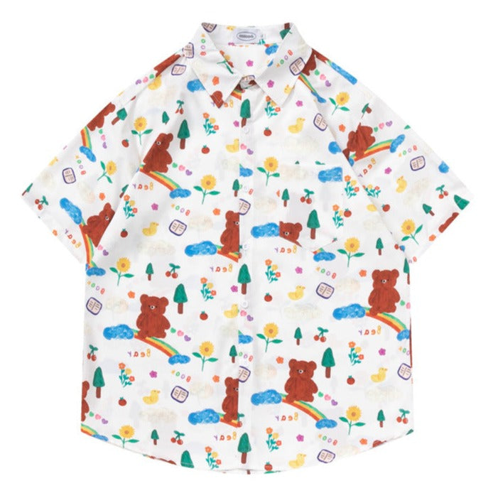Retro "bear" graffiti all-over print short-sleeved shirt