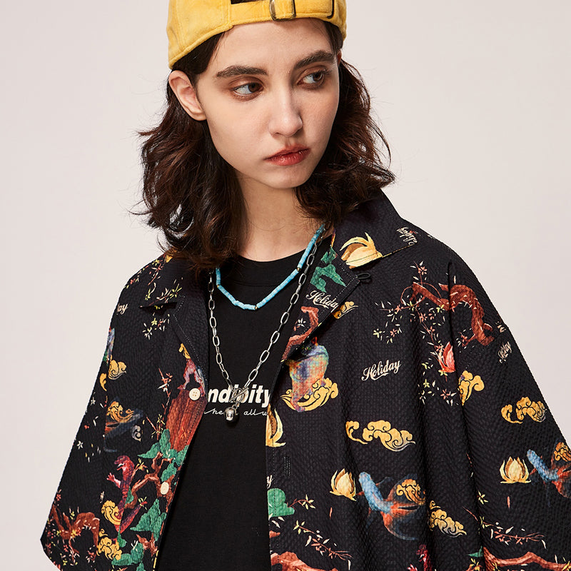 Black Vintage Loose Hawaiian Beach Shirt