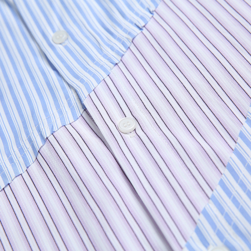 Reconstructed color-coordinated striped short-sleeved shirt
