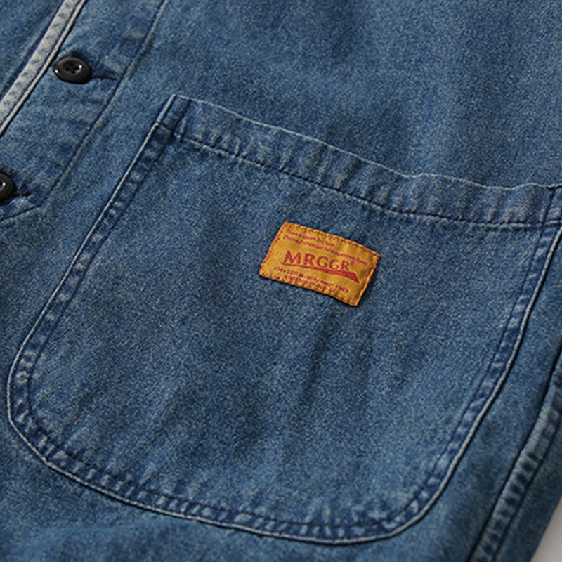 Color-coordinated button collarless denim jacket