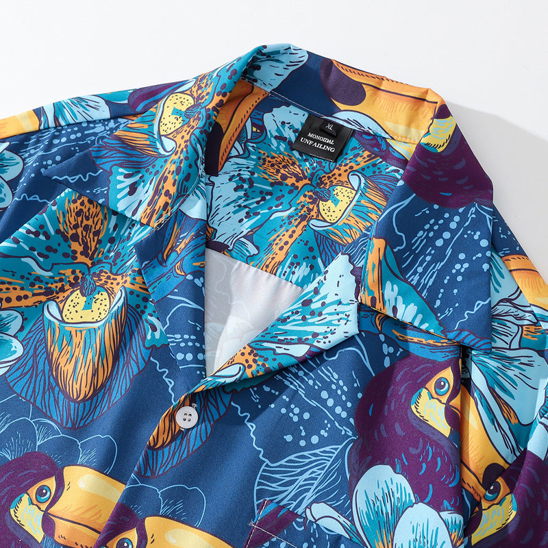 Animal and plant print aloha short-sleeved shirt
