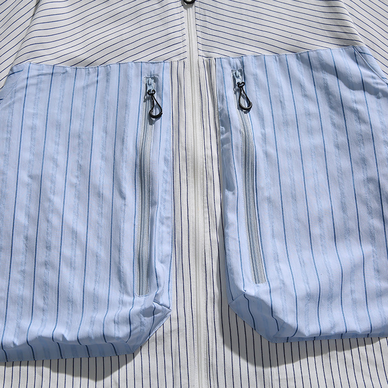 3D pocket 2-way striped pattern zip shirt