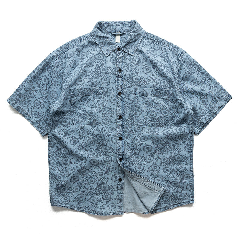 Denim blue all-over print short-sleeved shirt