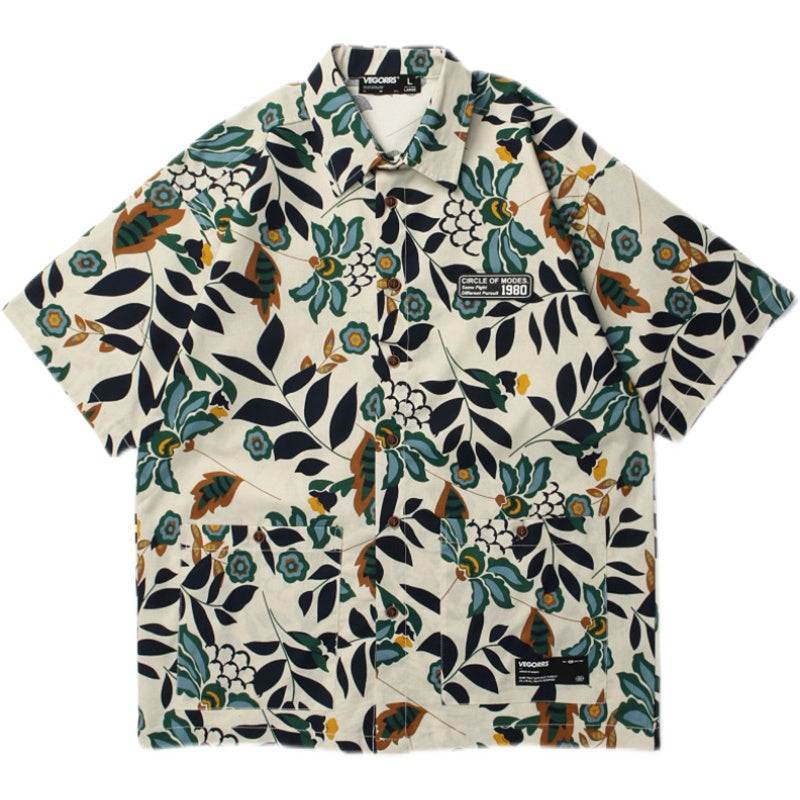 Retro leaf print aloha short-sleeved shirt