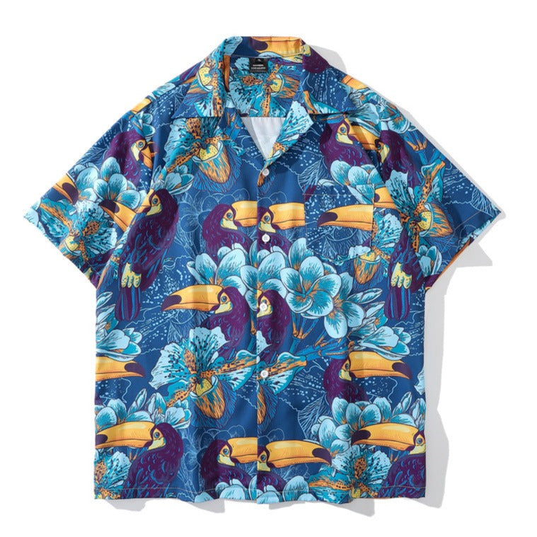 Animal and plant print aloha short-sleeved shirt