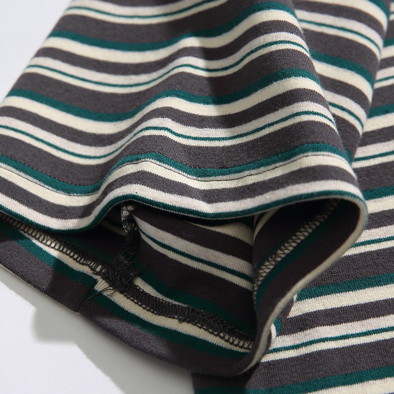 Retro Embroidered Horizontal Stripe Pocket T-Shirt