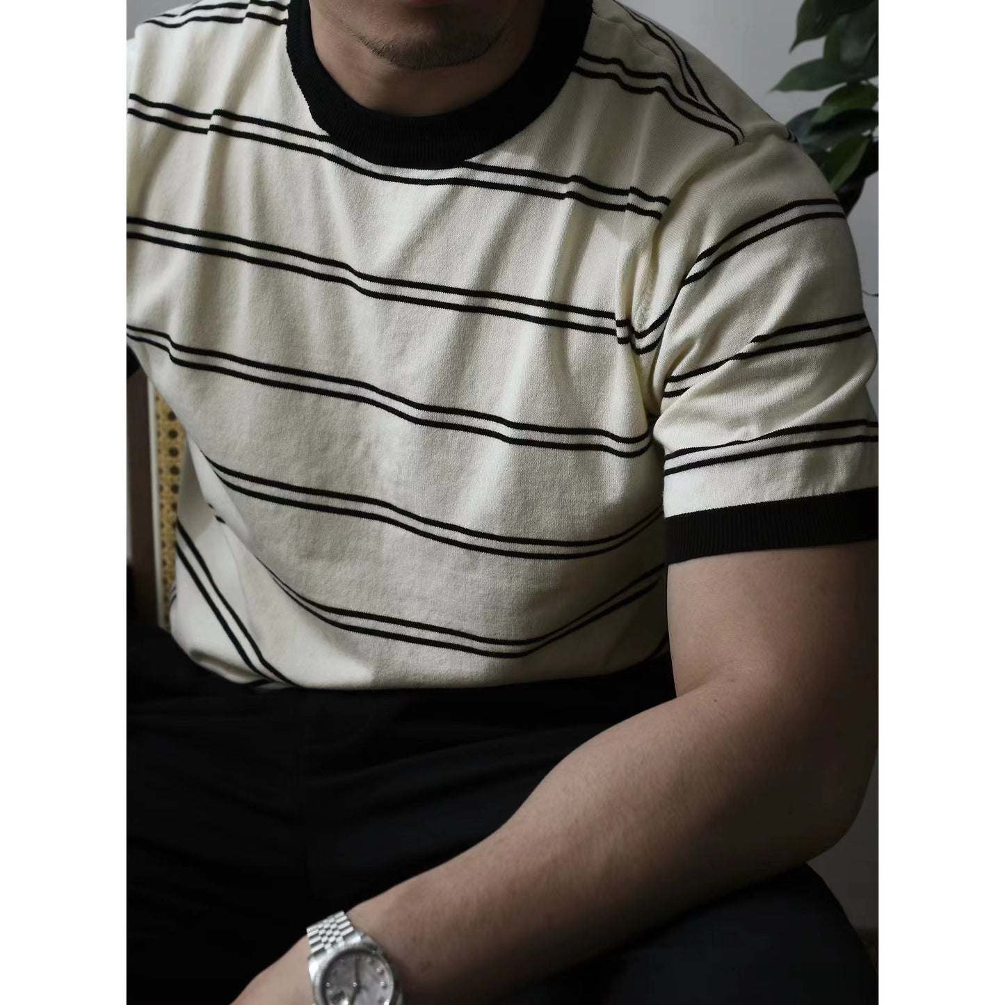 Classic horizontal striped high-quality knit T-shirt for commuting