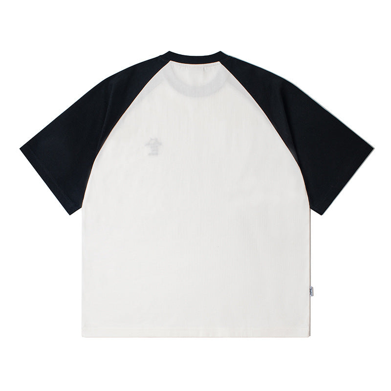 Color-coordinated embroidered raglan sleeve short-sleeved T-shirt