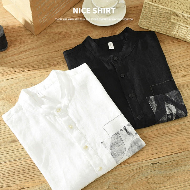 Color-coordinated stand-collar linen shirt
