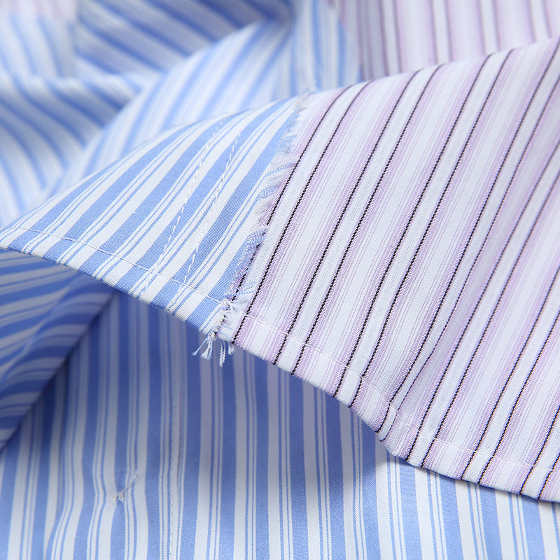 Reconstructed color-coordinated striped short-sleeved shirt